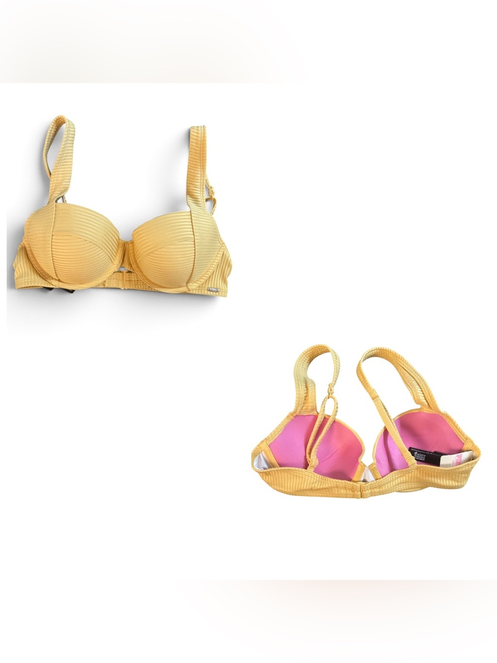 Yellow Ribbed Underwire Push-Up Bra Bikini Top with Pink Lining - Women Intimate